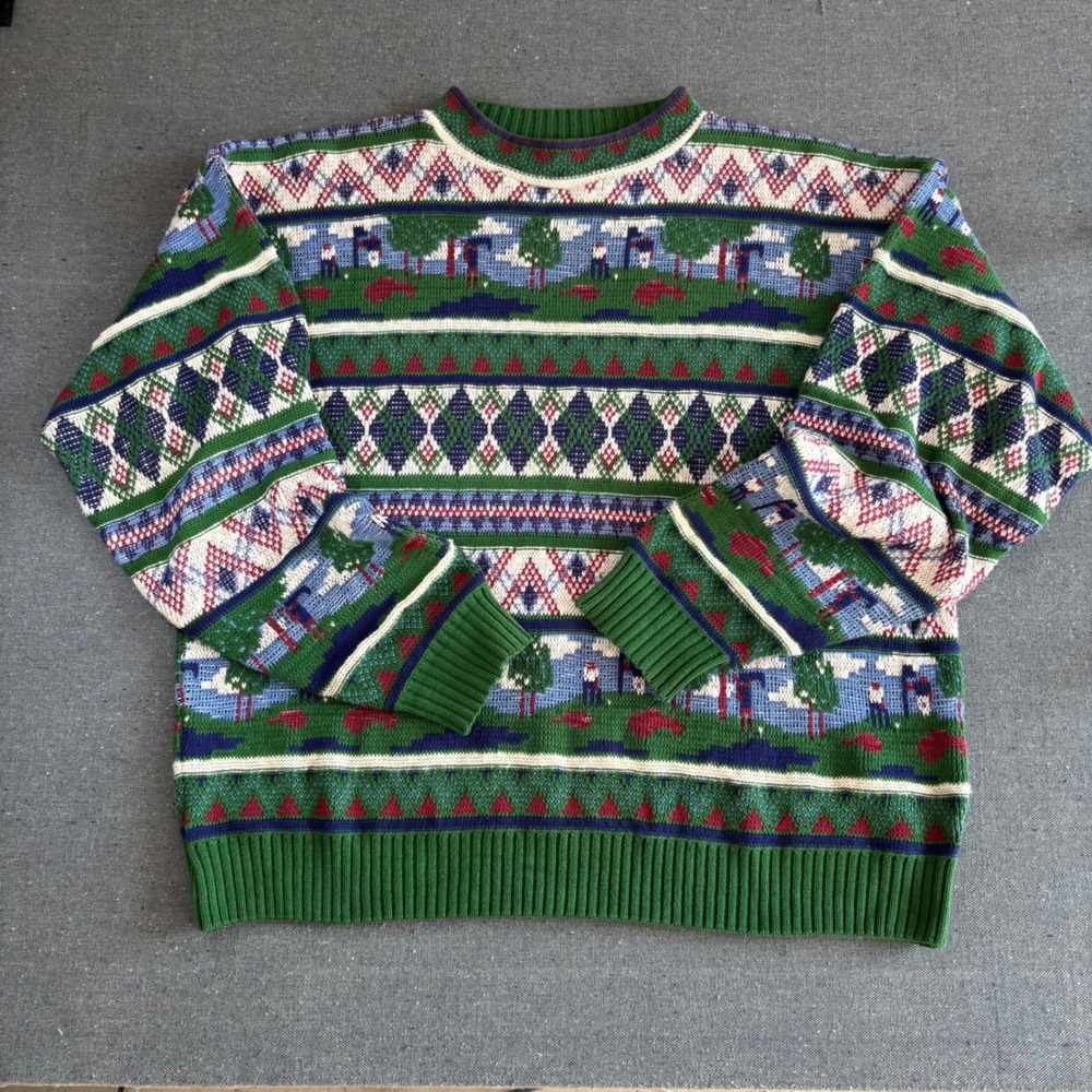Vintage Crossings Argyle Sweater Mens Large Green Golf USA Cotton Grandpacore
